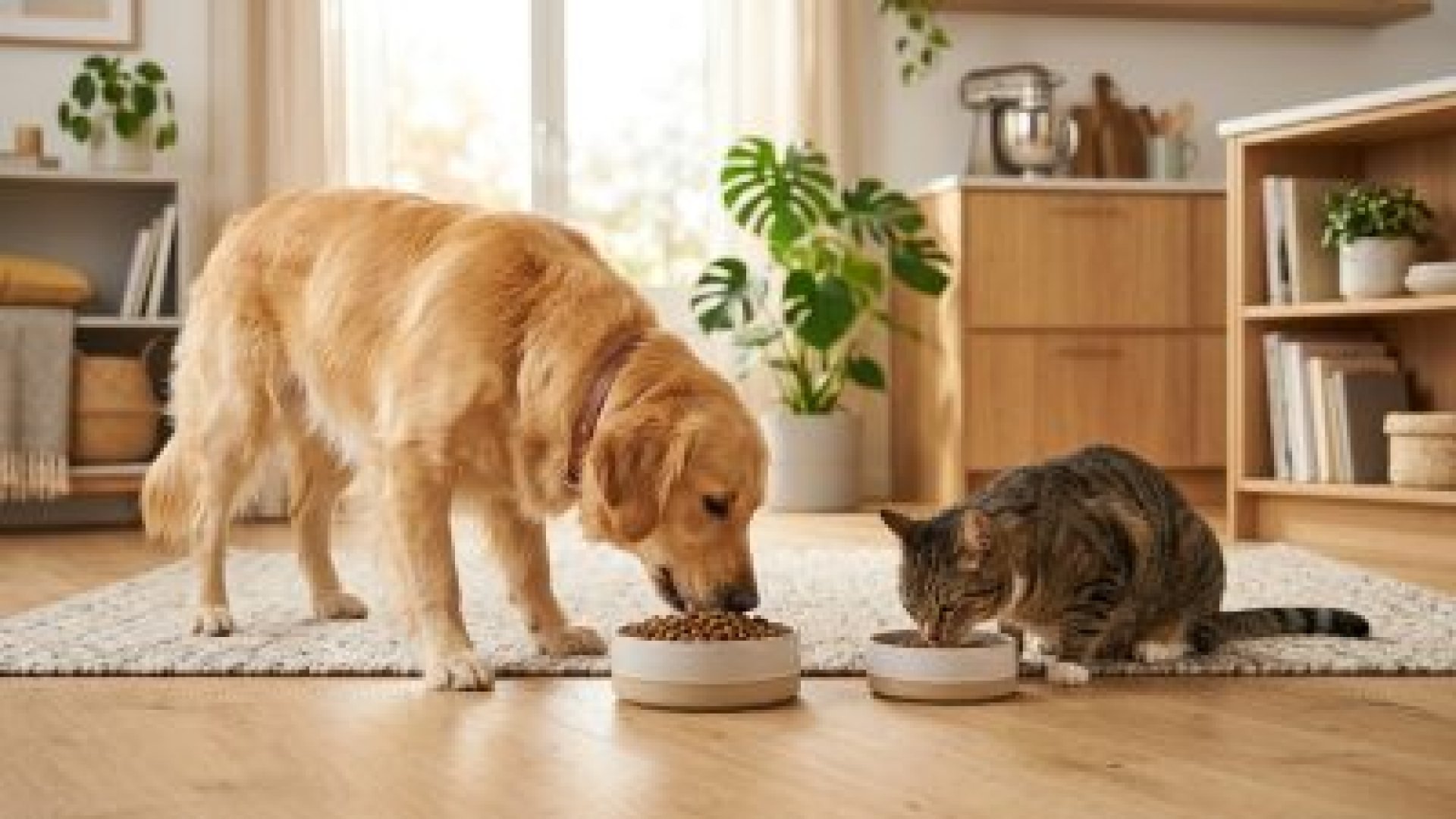 倍力寵物食品筆記分享，黃金獵犬與虎斑貓咪在家中各自享用倍力精心調配的美味飼料，展現毛孩們健康快樂的日常。