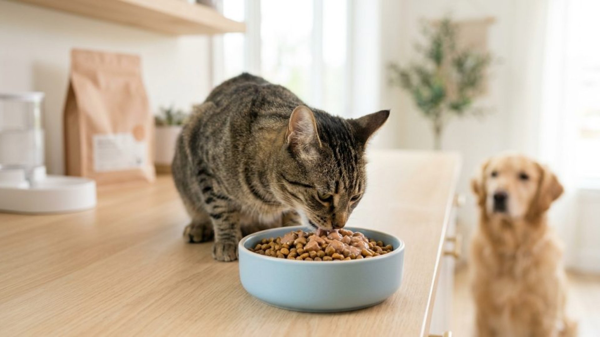 一隻虎斑貓正享受倍力精心調配的美味飼料，搭配濕食增添風味，後方還有黃金獵犬期待地看著，展現倍力寵物食品的吸引力。