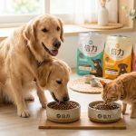 兩隻黃金獵犬和一隻橘貓正開心享用倍力寵物食品，背後擺放著多款倍力品牌的飼料包，畫面溫馨。