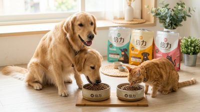 兩隻黃金獵犬和一隻橘貓正開心享用倍力寵物食品，背後擺放著多款倍力品牌的飼料包，畫面溫馨。