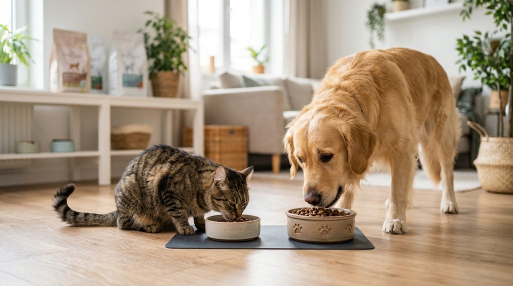倍力寵物食品筆記分享，黃金獵犬與虎斑貓咪在溫馨的家中，各自享用倍力為牠們準備的美味飼料，展現健康與活力的生活樣貌。