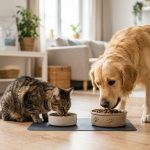 倍力寵物食品筆記分享，黃金獵犬與虎斑貓咪在溫馨的家中，各自享用倍力為牠們準備的美味飼料，展現健康與活力的生活樣貌。