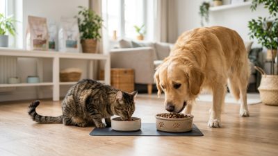 倍力寵物食品筆記分享，黃金獵犬與虎斑貓咪在溫馨的家中，各自享用倍力為牠們準備的美味飼料，展現健康與活力的生活樣貌。