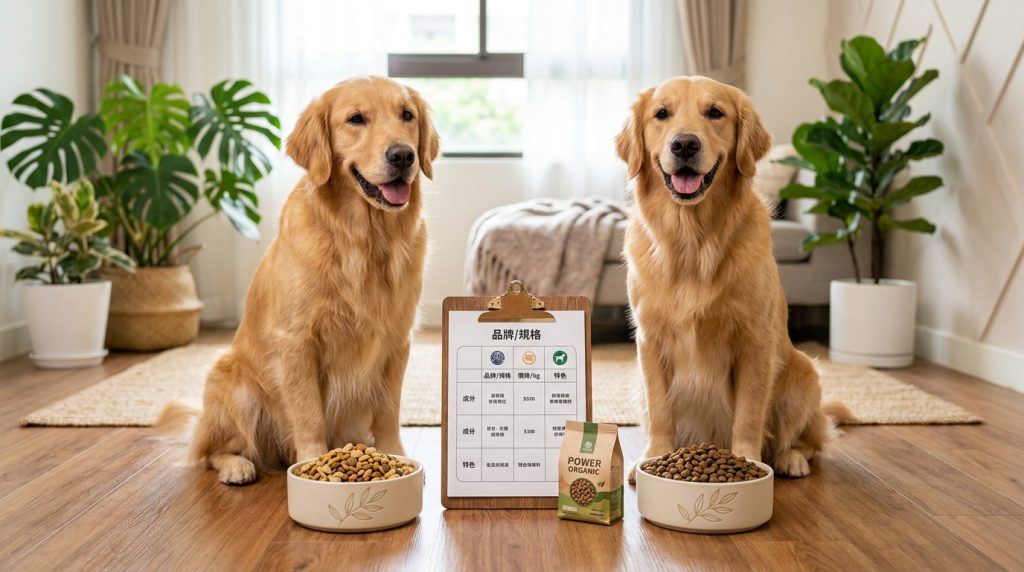兩隻可愛黃金獵犬開心坐在倍力寵物食品旁，準備享用美味的有機飼料，展現健康活力，飼料評比板清楚列出倍力產品的成分與特色。