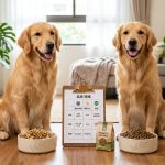兩隻可愛黃金獵犬開心坐在倍力寵物食品旁，準備享用美味的有機飼料，展現健康活力，飼料評比板清楚列出倍力產品的成分與特色。