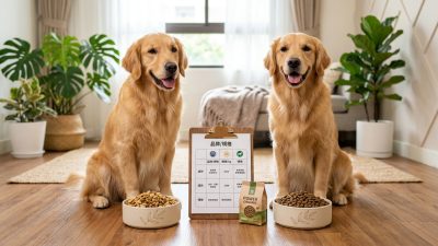 兩隻可愛黃金獵犬開心坐在倍力寵物食品旁，準備享用美味的有機飼料，展現健康活力，飼料評比板清楚列出倍力產品的成分與特色。