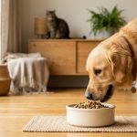 黃金獵犬開心享用倍力精心挑選的優質飼料，背景的貓咪也專注地看著，倍力寵物食品筆記分享毛孩的健康飲食秘訣。