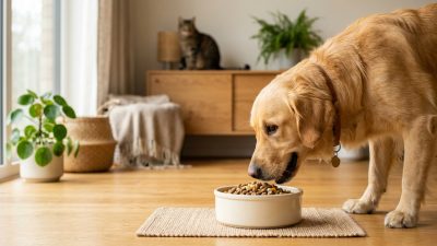 黃金獵犬開心享用倍力精心挑選的優質飼料，背景的貓咪也專注地看著，倍力寵物食品筆記分享毛孩的健康飲食秘訣。