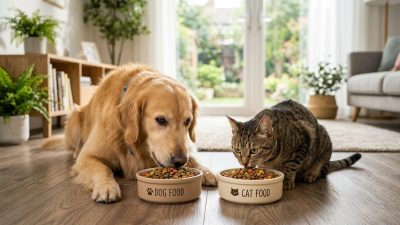 倍力寵物食品筆記分享，黃金獵犬與虎斑貓各自享用倍力為牠們準備的美味飼料，展現健康好胃口。