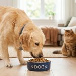 倍力提醒毛孩主人，選擇適合的優質飼料，讓黃金獵犬開心享用倍力寵物食品，後方的貓咪也期待著牠的美味餐點。