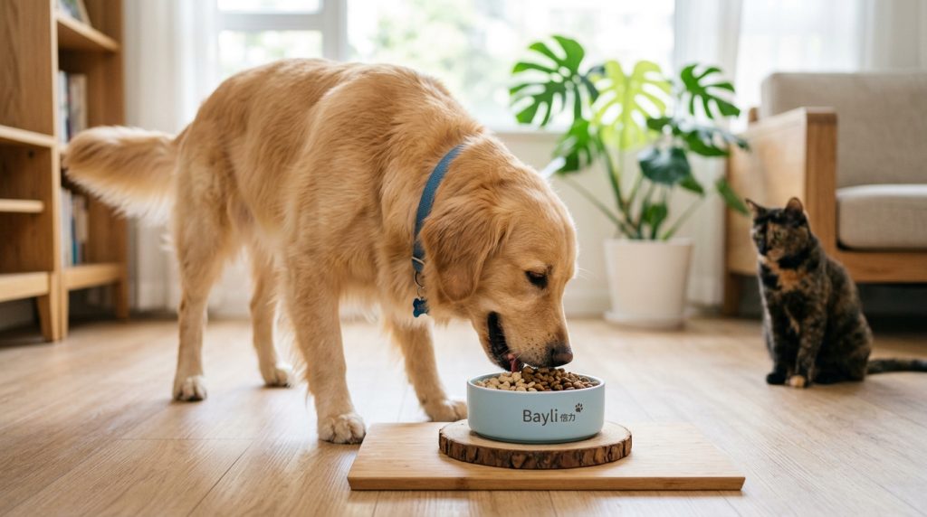 黃金獵犬開心享用倍力寵物食品的優質飼料，一旁的貓咪也好奇地看著，展現倍力寵物食品筆記對毛孩健康的重視。