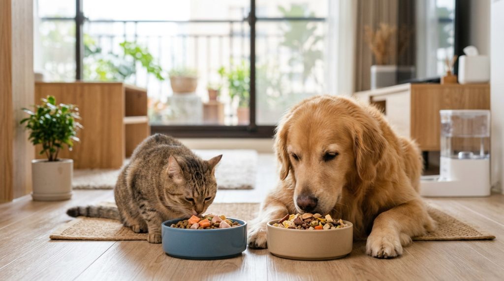 倍力寵物食品筆記分享黃金獵犬與貓咪開心地享用倍力為牠們準備的美味飼料，碗中豐富的寵物食品營養均衡，讓毛孩們吃得健康又滿足。