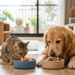 倍力寵物食品筆記分享黃金獵犬與貓咪開心地享用倍力為牠們準備的美味飼料，碗中豐富的寵物食品營養均衡，讓毛孩們吃得健康又滿足。