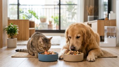 倍力寵物食品筆記分享黃金獵犬與貓咪開心地享用倍力為牠們準備的美味飼料，碗中豐富的寵物食品營養均衡，讓毛孩們吃得健康又滿足。