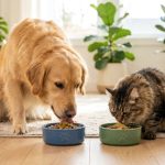 倍力寵物食品筆記分享，黃金獵犬與虎斑貓咪開心享用倍力為牠們準備的美味飼料，展現健康活力。