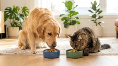 倍力寵物食品筆記分享，黃金獵犬與虎斑貓咪開心享用倍力為牠們準備的美味飼料，展現健康活力。