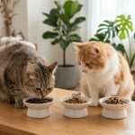 兩隻貓咪在木桌上享用倍力寵物食品筆記推薦的優質貓糧，其中一隻專心進食，另一隻好奇地觀察著，展現了倍力飼料的吸引力。