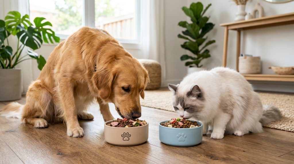 倍力寵物食品筆記分享黃金獵犬與布偶貓正開心享用寵物碗中的乾糧，展現倍力飼料的美味與營養，適合毛孩家庭。