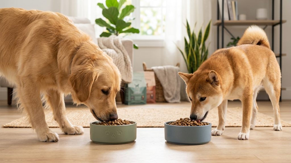 倍力寵物食品筆記分享，黃金獵犬與柴犬專注享用倍力優質飼料，背景可見多款倍力寵糧包裝，展現毛孩對倍力產品的喜愛。
