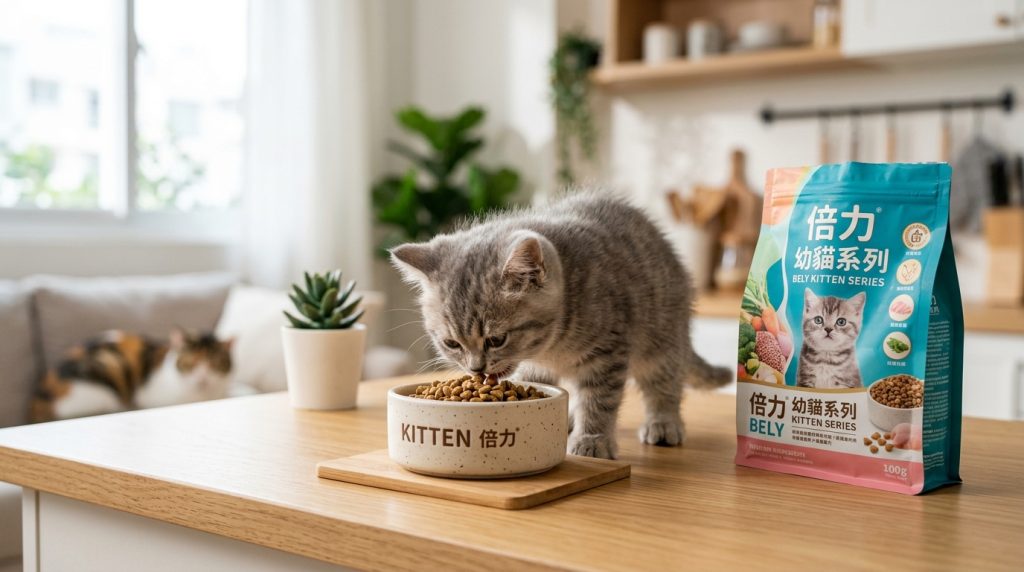 倍力幼貓系列飼料，讓可愛的灰白虎斑幼貓在溫馨的家中，享受倍力精心調配的美味餐點，健康成長。