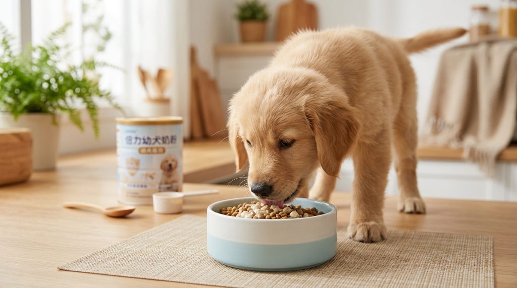 倍力幼犬奶粉與飼料為成長中的黃金獵犬幼犬提供均衡營養，確保毛孩健康快樂成長。
