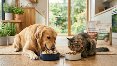 倍力寵物食品筆記分享，黃金獵犬與貓咪開心地享用倍力精心調配的優質鮮食飼料，享受美味與健康的每一餐。